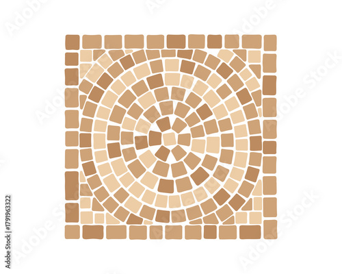 Abstract mosaic tile pattern square with a light brown and dark brown concentric circle design element