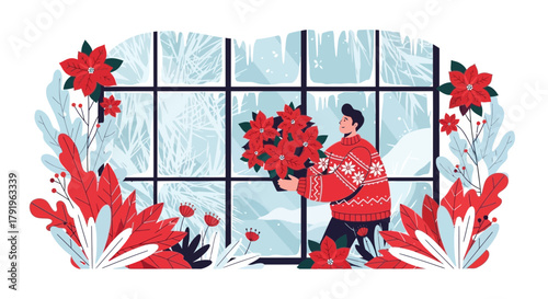 Festive winter scene with person holding poinsettias in front of frosted window