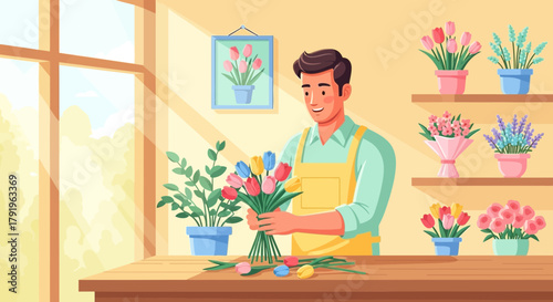 Illustration of a cheerful florist arranging a colorful tulip bouquet indoors