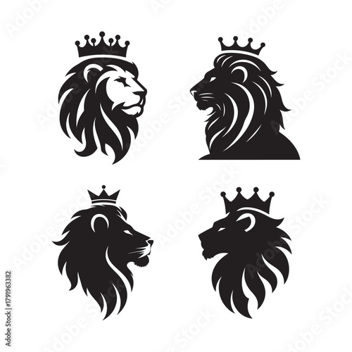 crowned king lion vector silhouette clip art logo design illustration. abstract king lion icon set collection