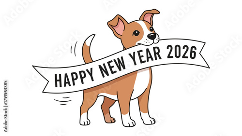 Happy New Year 2026 Dog: a cute dog carrying a banner wishing a Happy New Year 2026. This whimsical illustration conveys wishes and good vibes for the coming year. 