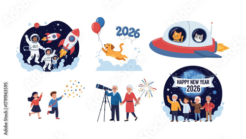 2026 Celebration Collection: A vibrant collection of illustrations featuring various people and animals engaged in activities for the year 2026. Perfect for new year themes.