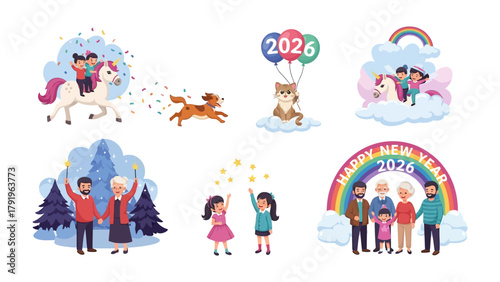 New Year Celebration Illustrations: A collection of cheerful and vibrant illustrations depicts the spirit of new year.
