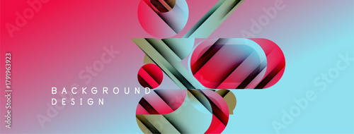 Abstract geometric shapes overlap, creating vibrant gradient background. Pink, blue hues dominate design. Modern aesthetic.
