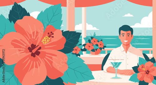 Tropical resort scene, vacation dining, elegant man at ocean view restaurant