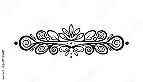 Black filigree ornate elegant divider, decorative line, and scrollwork flourish design element.