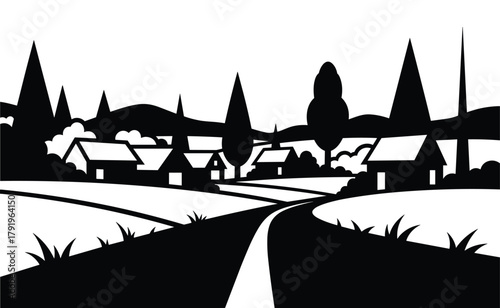 Black and white stylized countryside scene. path through fields to small town houses