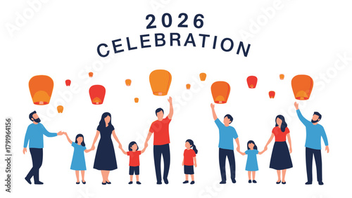 2026 Celebration with Lanterns: Group of diverse families celebrates together, sending colorful lanterns skyward. capturing the joy of togetherness.