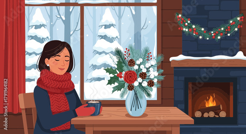 Cozy winter scene of woman enjoying a warm beverage by the fireplace indoors