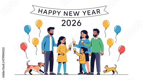 New Year's toast: A vibrant and colorful illustration captures a moment of family unity as they celebrate the new year with a toast, balloons, and joyful pets.