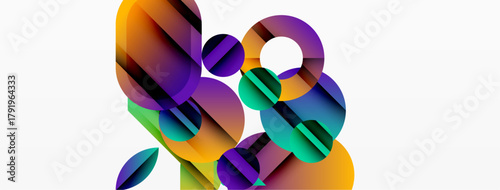 Abstract shapes overlap, creating vibrant color gradients. Composition feels modern, dynamic, visually interesting.