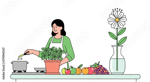 Illustration of a woman cooking, surrounded by a potted plant, fruits, and flower