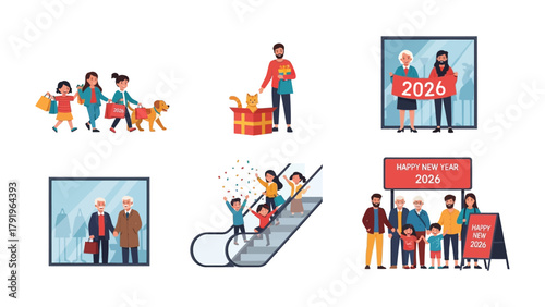Family Moments in 2026: A series of vibrant illustrations showing family gatherings during New Year's celebration and shopping, capturing joy, togetherness, and anticipation for the future.