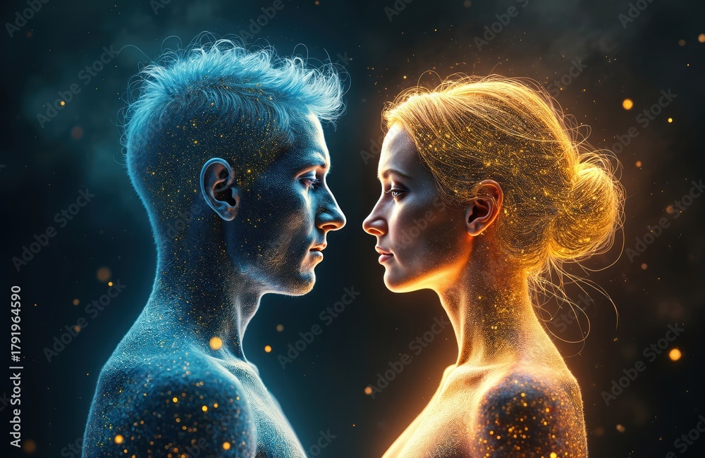 Fototapeta premium Art photo features two figures facing each other. One person shines blue the other glows gold. Spiritual connection love romantic concept. Astral souls illustration.