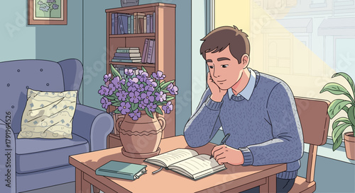 Cartoon illustration of a serene man writing in a book at a wooden table