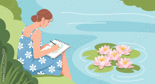 Young woman artist sketching water lilies by a serene pond on a summer day