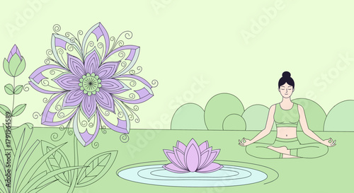 Serene Yoga Meditation in a Botanical Garden with Lotus Flowers and Intricate Mandalas