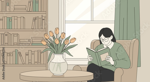 Illustration of a woman reading in a cozy room with a bookshelf and flowers