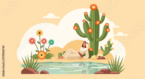 Peaceful oasis mirage illustration featuring a desert dweller resting near cacti