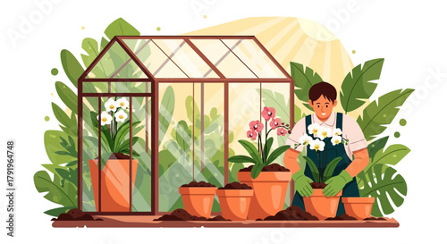 Serene greenhouse ambiance with tending gardener fostering floral abundance