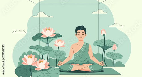 Zen Meditation Amidst Blooming Lotuses: Serene Harmony and Inner Peace Illustration