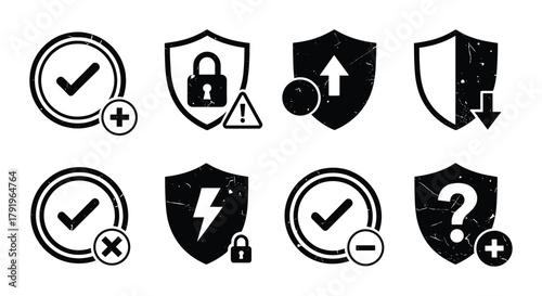 Black security, shield, check mark, and warning icons with grunge effect illustration.