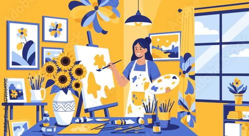 Creative artist painting sunflowers on canvas in a vibrant studio setting