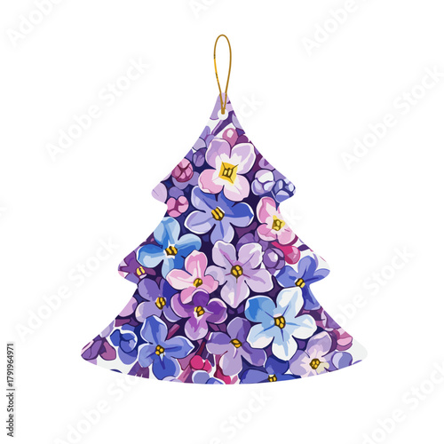 Watercolor Floral Christmas Tree Ornament with Purple and Blue Flowers, Festive Holiday Decoration