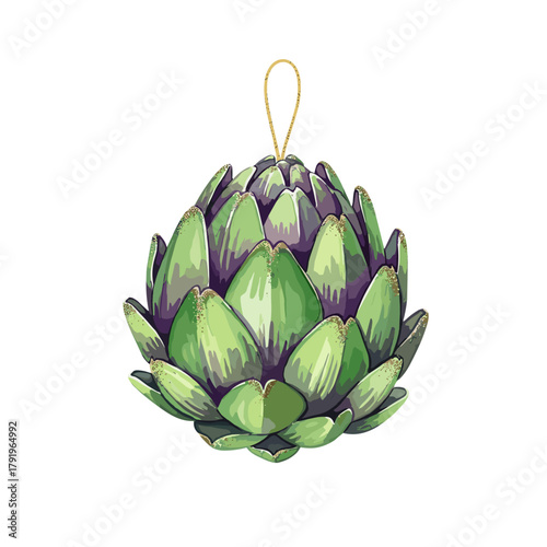 Vibrant green and purple artichoke illustration with a golden hanging loop, isolated on a transparent background, perfect for healthy food or garden-themed decor