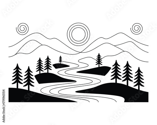 Stylized black and white line art illustration of a winding river flowing through a mountainous landscape with pine trees and a sun