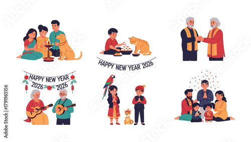 New Year Celebrations: A festive ensemble of heartwarming moments unfolds, as diverse families and individuals joyfully embrace the spirit of New Year. Capturing the essence of togetherness.