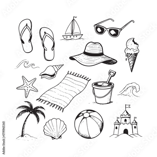 Chalk Doodle Summer Vacation Vector – Hand-Drawn Sea, Beach & Party Invitation Elements