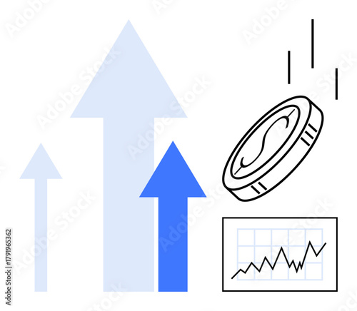 Rising arrows indicate growth, accompanied by a coin and line chart for finance tracking. Ideal for investment, savings, economic improvement, business growth, strategy, profit analysis, simple flat