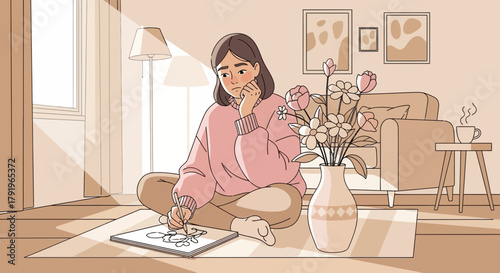 Contemplative artist finds solace drawing in sunlit, softly toned living room