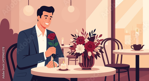 Romantic evening featuring a gentleman with a rose at a candlelit dinner