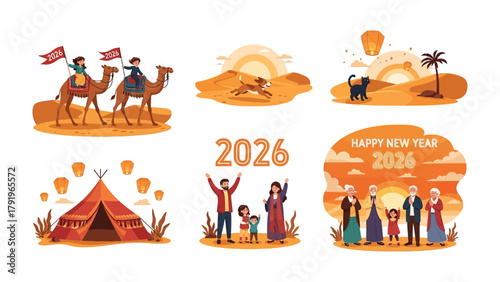 Desert Oasis: Vivid scenes of travel, cultural gatherings, and a sense of shared community come alive against the backdrop of a desert landscape, marked by hot, sunny weather.