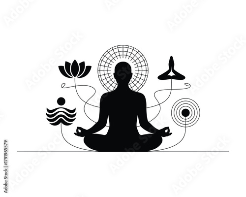 Silhouette of a person meditating in lotus pose surrounded by spiritual symbols and abstract cosmic energy patterns