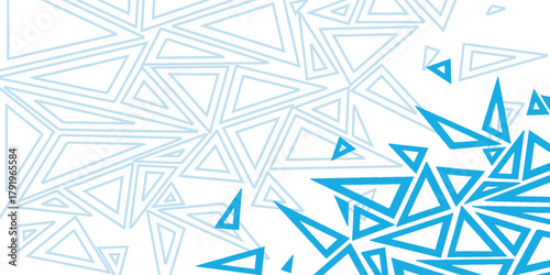 Abstract background with a dynamic pattern of blue geometric triangles on a white surface.