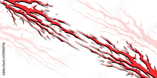 Dynamic abstract illustration of a jagged red tear with a shadow effect ripping across a white background.