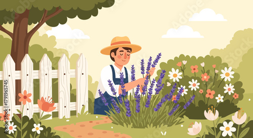 A serene gardener tending to lavender in a whimsical, blooming garden landscape
