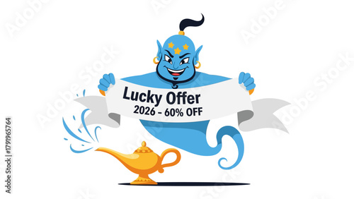 Magical Deal: A mischievous genie emerges from its lamp, unveiling a Lucky Offer banner, promising enticing discounts for the year ahead. A whimsical concept for promotions.