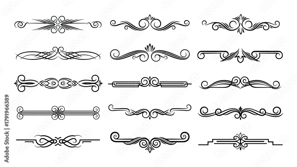 Fototapeta premium Collection of black decorative flourish scroll dividers and borders for text or page separation