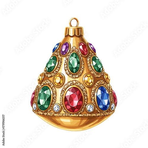 Luxurious golden Christmas tree ornament or bauble richly adorned with sparkling colorful gemstones and intricate details