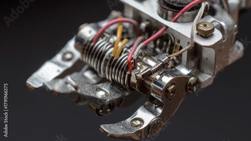 A robot hand with wires and a battery. The robot hand is made of metal. Macro shot tiny robotic gripper assembly high detail, student engineering learning component, robotic education kit