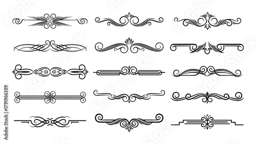 Collection of black decorative flourish scroll dividers and borders for text or page separation