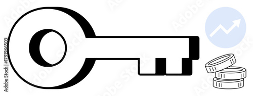 Key beside coins and upward graph icon, representing opportunities, financial success, investment, wealth management. Ideal for business, strategy, enterprise, market solution security simple flat