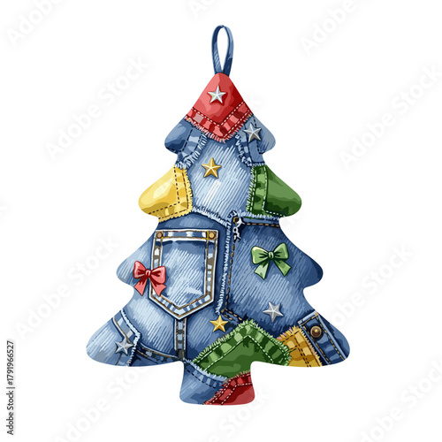 Handmade denim patchwork Christmas tree ornament with colorful fabric scraps, stars, and bows, perfect for rustic holiday decor