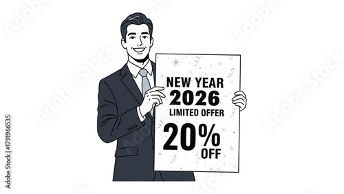 New Year 2026 Limited Offer: A smartly dressed man presents a promotional sign, advertising a New Year 2026 Limited Offer with a generous 20% discount.