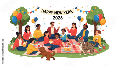 Happy New Year 2026 Celebration: A gathering of a diverse family, celebrating the dawn of the new year with a delightful picnic and festive decorations. The scene is brimming with joy, unity.