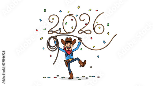 Cowboy's New Year Celebration: A jovial cowboy playfully celebrates the arrival of 2026, twirling a lasso with infectious energy and surrounded by festive confetti.